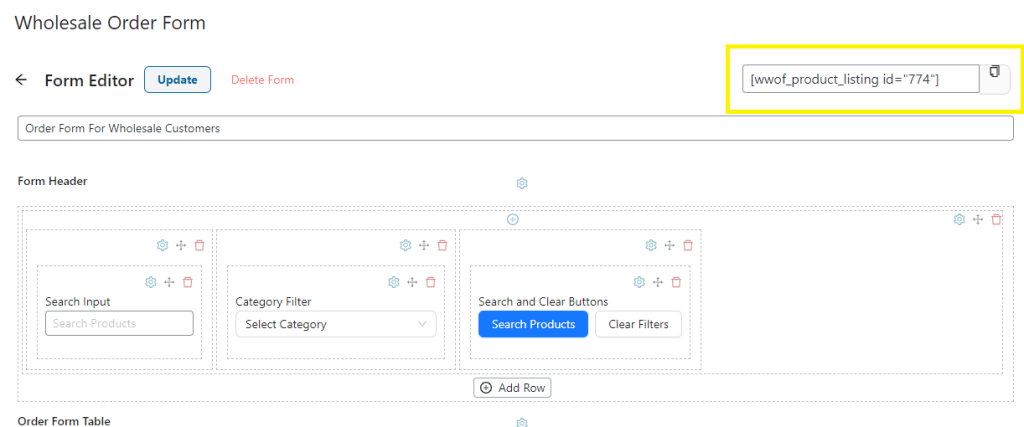 Wholesale Order Form editor, showing the form title and the generated shortcode for embedding the form.