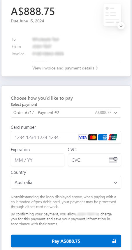 Screenshot displaying an invoice payment interface. It includes sections for invoice details and payment options, such as entering a card number, selecting a country, and B2B payment solutions like  Visa, MasterCard, and American Express.