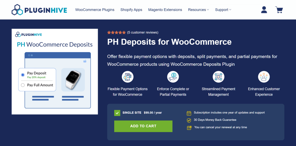 Promotional banner for PH Deposits for WooCommerce, showcasing flexible payment options with an illustrated Pay Deposit UI and feature icons.