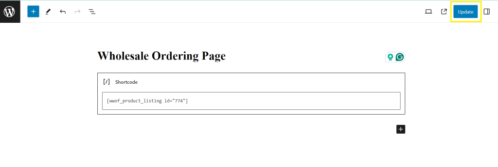 Screenshot of the WordPress Editor page, featuring a shortcode block for a wholesale order form. 