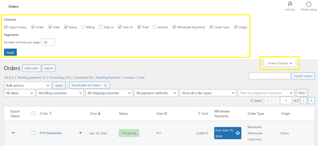 A screenshot of the WooCommerce order dashboard, showing the Screen Options feature. 