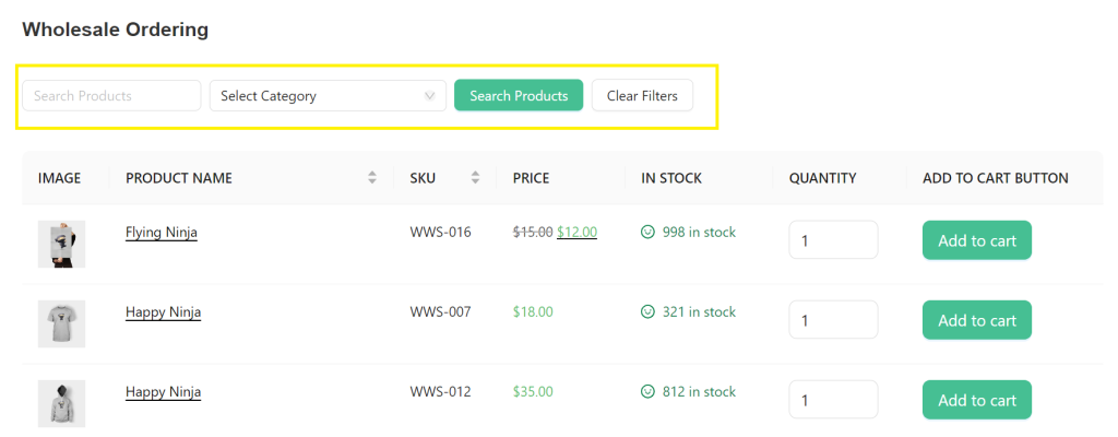 A wholesale ordering page with search and filter functionality. 