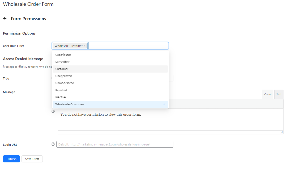 The Form Permissions settings page in Wholesale Order Form, showing options to restrict order forms to user roles. 