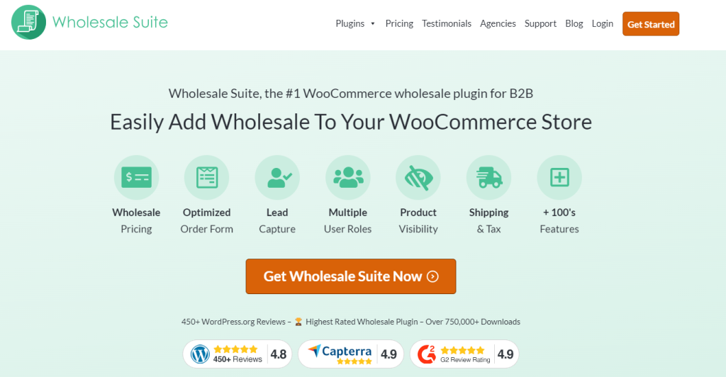 Wholesale Suite's landing page, listing core features like wholesale pricing, lead capture, bulk order form, and flexible payment terms. 