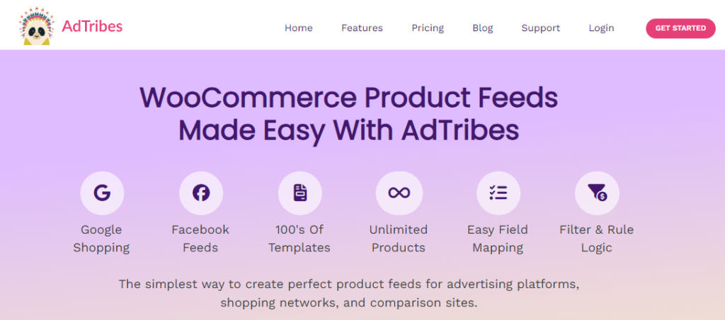 Screenshot of the AdTribes Product Feed Homepage. 