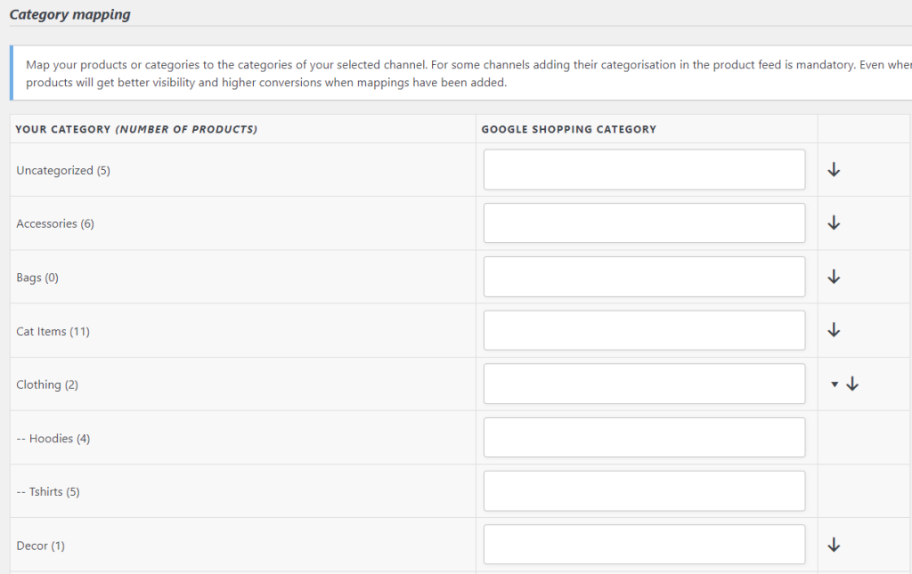 Screenshot of the category mapping settings page, featuring WooCommerce categories and Google Shopping categories. 