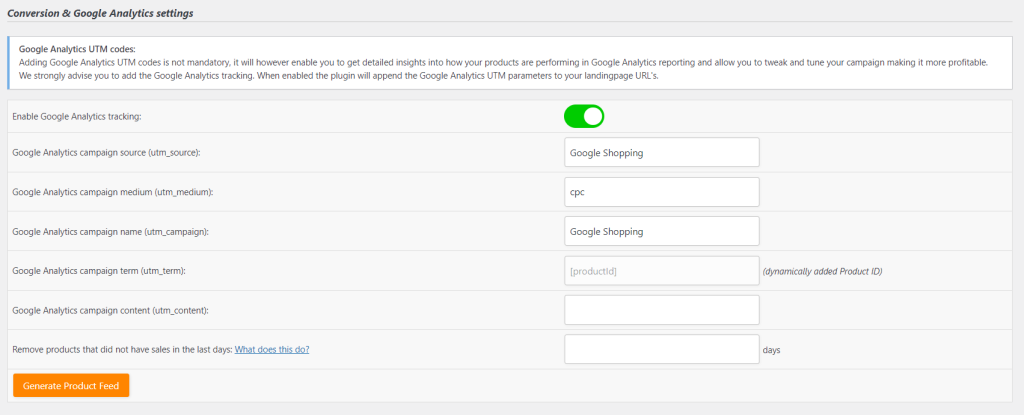 Screenshot of the Conversion and Google analytics settings page. 