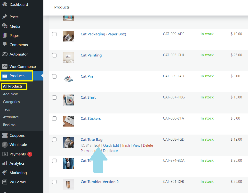 Screenshot of the WooCommerce all products page, featuring sample cat products. 