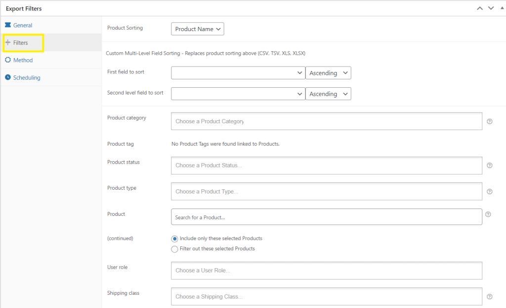 Screenshot of the WooCommerce data export filter option in Store Exporter. 