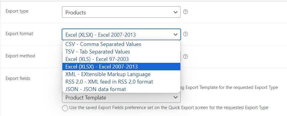 Screenshot of available Export formats on Store Exporter. 