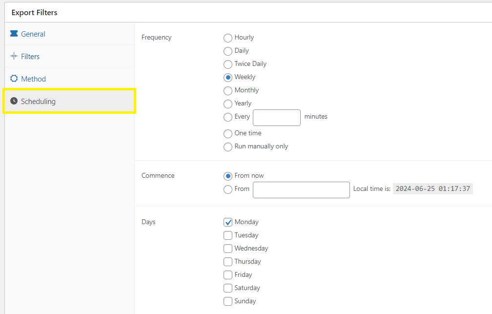 Screenshot of the scheduling settings tab on Store Exporter. 