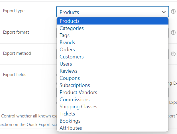 Screenshot of available Export types on Store Exporter. 