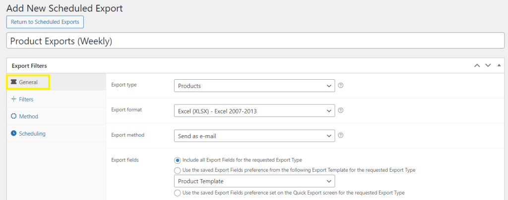 Screenshot of the General tab settings when creating Scheduled Exports on WooCommerce. 