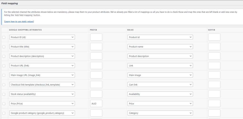 The Field Mapping settings page in the AdTribes Product Feed Plugin. 