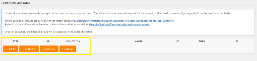 Screenshot of the Feed filters and rules settings page.