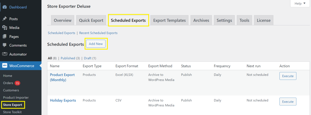 Screenshot of the Scheduled Exports Tab in WooCommerce. 