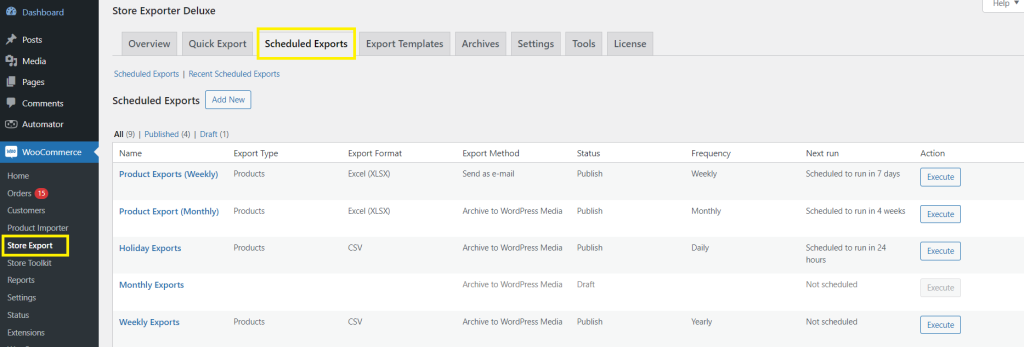 The Scheduled Exports Tab in Visser Labs Store Exporter Deluxe dashboard. 