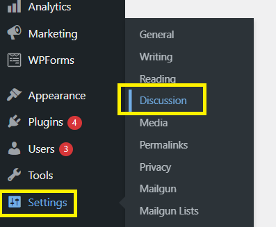 Screeenshot of the Settings tab in WordPress (click to zoom)