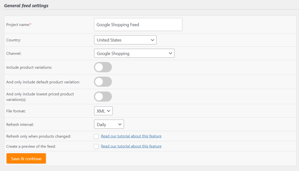 Screenshot of the General Feed settings in the AdTribes Product Feed plugin. 