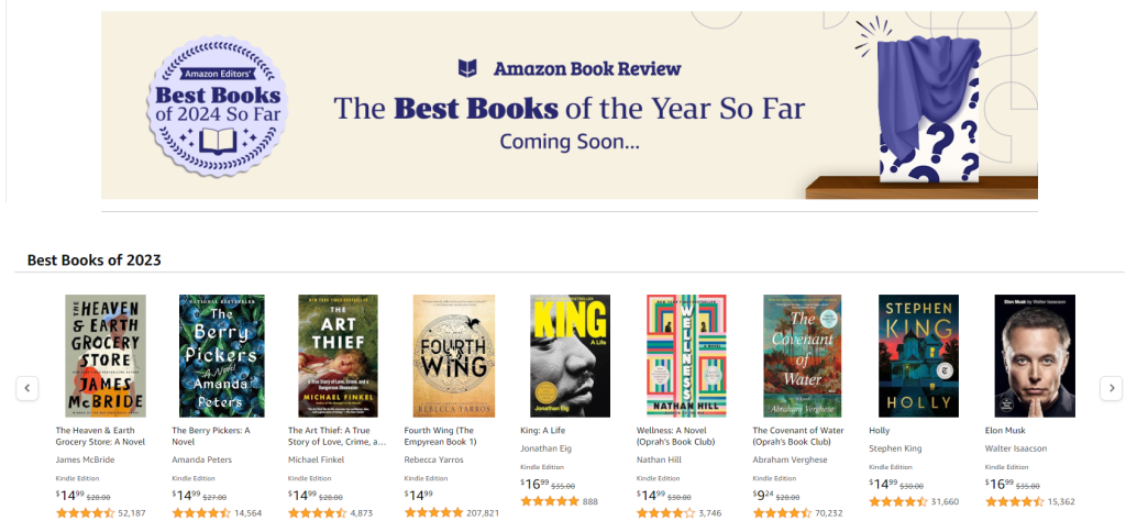 Screenshot of the Amazon book e-commerce storefront. 