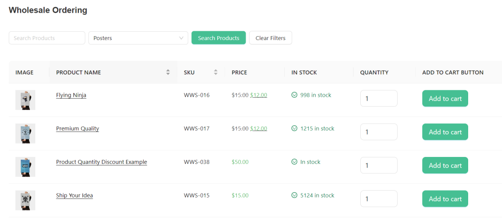 Screenshot of a WooCommerce wholesale order form, showcasing poster products. 