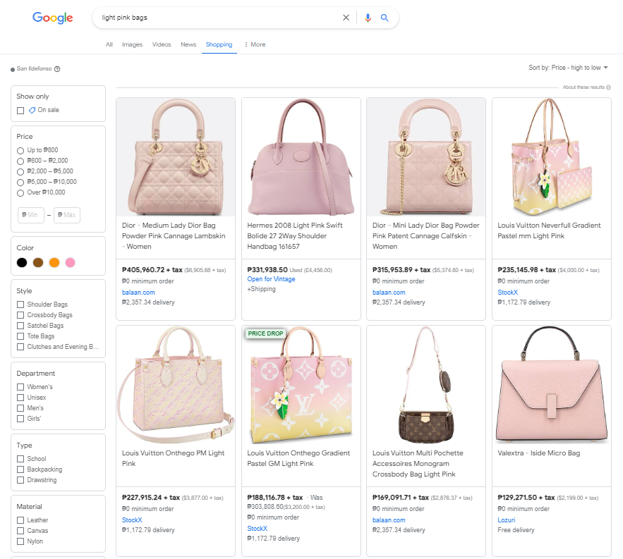 Screenshot of a Google Shopping Feed featuring light pink bags. 