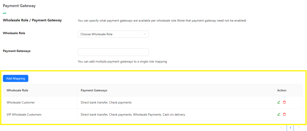 Screenshot of the Payment Gateway Settings page in Wholesale Prices Premium, with mapped B2B payment gateways.