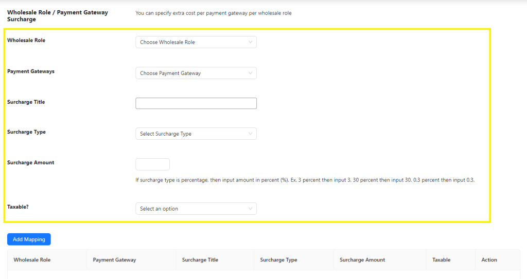 Payment Gateway Surcharge Fee settings page in Wholesale Prices Premium. 