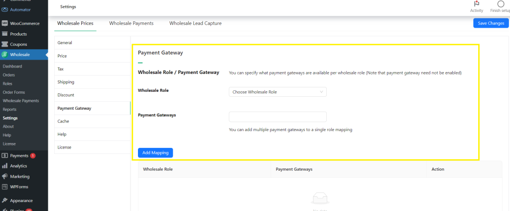 Wholesale Suite settings page, where WooCommerce store owners can map B2B payment gateways for specific wholesale user roles. 