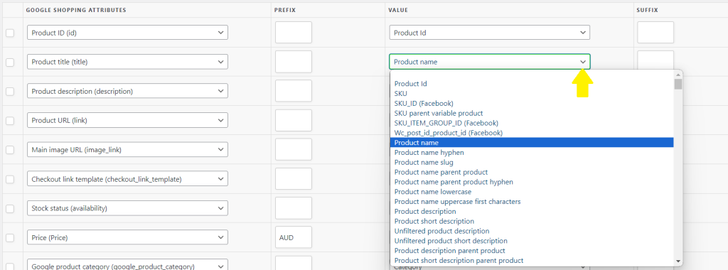 Screenshot of the product attribute settings page in the AdTribes Product Feed plugin. 