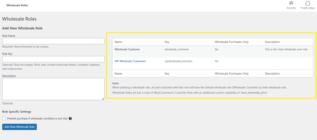 WordPress dashboard illustrating a new wholesale user role added. 