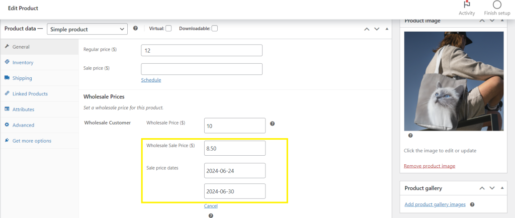 Screenshot of the product edit page in WooCommerce, where you can set wholesale sale prices. 