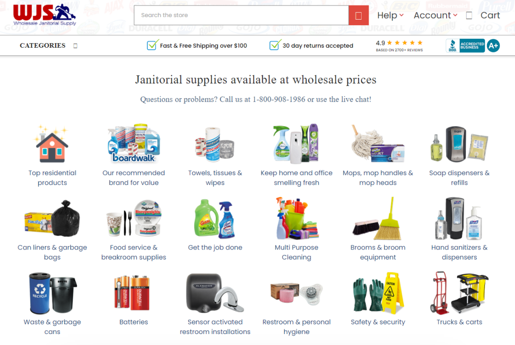 E-commerce store selling different types of janitorial cleaning supplies. 