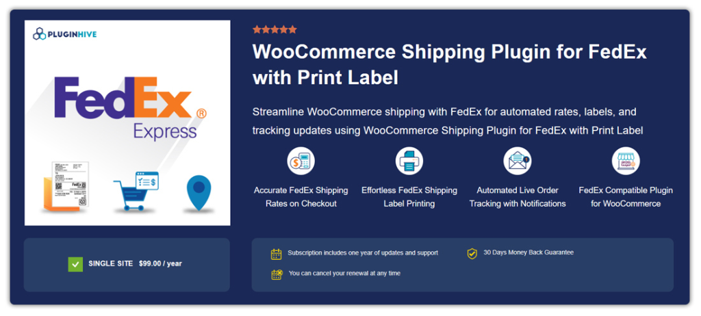 Promotional banner for a WooCommerce FedEx shipping plugin showing FedEx logo, icons for rates, label printing, live tracking, and plugin features.
