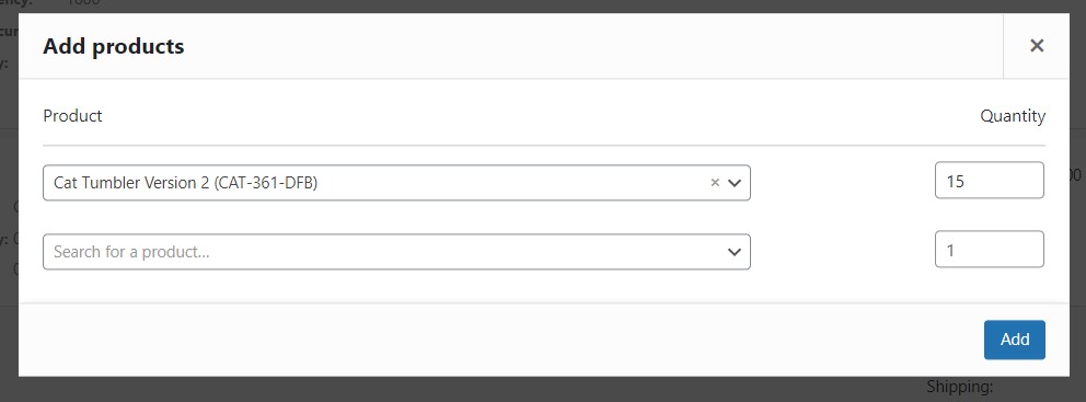 Screenshot of the add products screen on WooCommerce