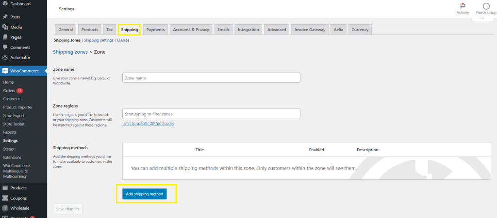 Screenshot of the WooCommerce settings page for setting up shipping methods. 