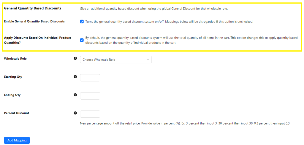 Wholesale Prices Premium settings page, featuring general quantity based discount settings. 