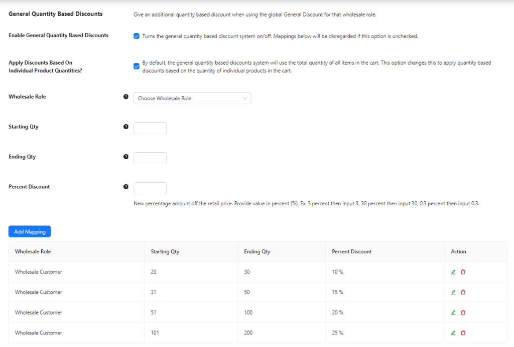 Screenshot of the General Quantity Based Discount settings page 