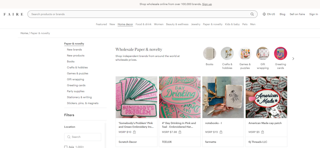 Screenshot of Faire's website, featuring wholesale goods. 