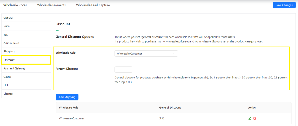 Wholesale Prices Premium settings page, with the Discount Tab highlighted. 