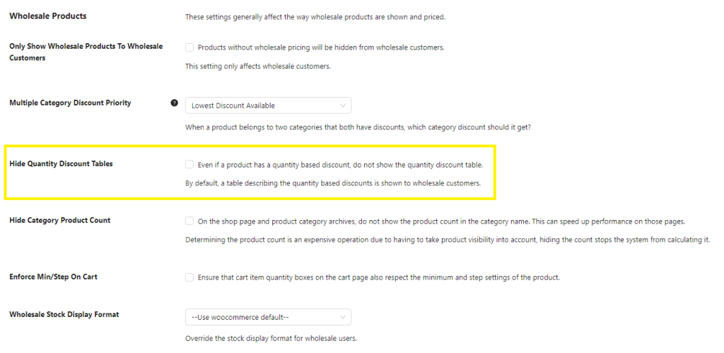 Wholesale Prices Premium settings page, where you can hide your WooCommerce tiered price table. 