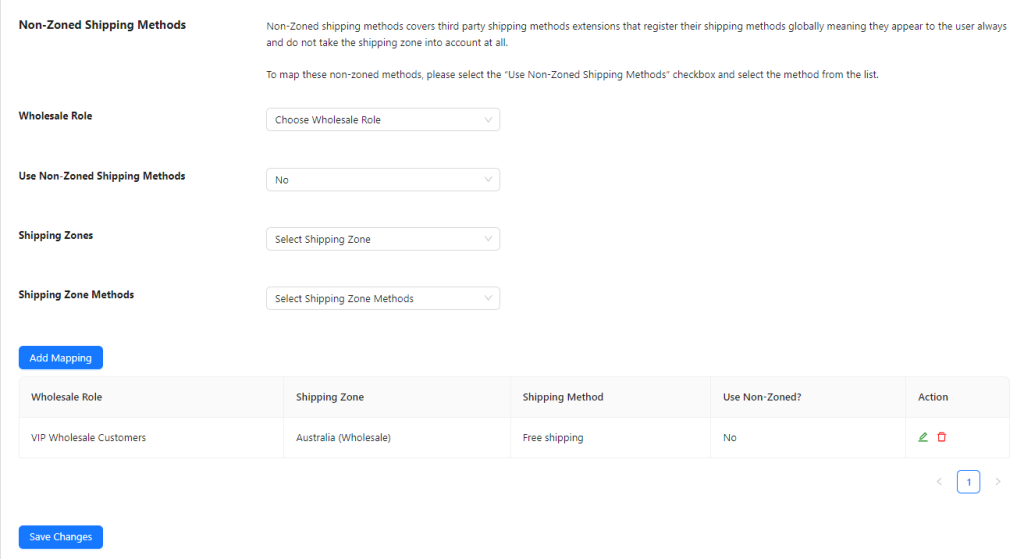 Screenshot of Wholesale Prices Premiums' shipping mapping page with a mapped free shipping offer for VIP wholesale customers. 