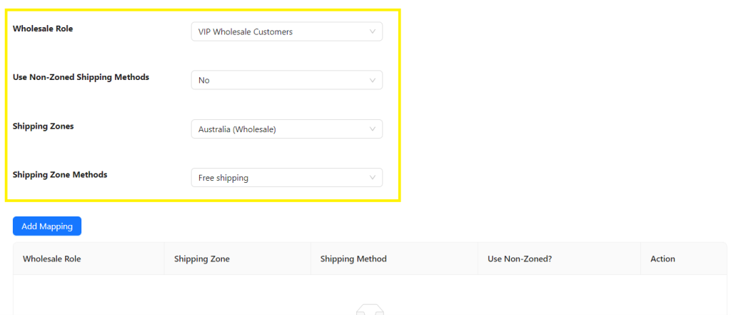 Screenshot of Wholesale Prices Premiums' shipping mapping page. 