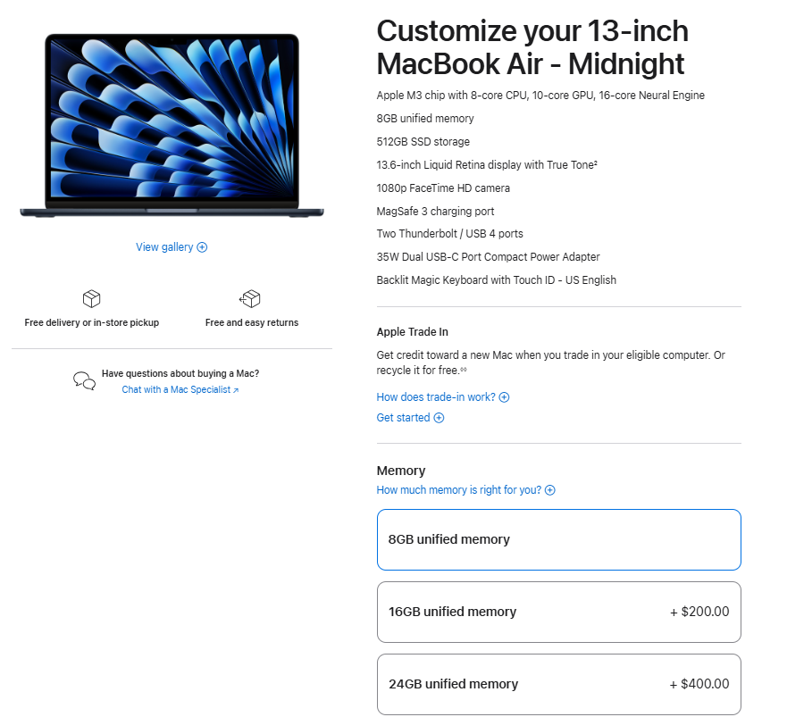 Screenshot of a 13-inch Macbook Air on checkout with options for upgrades. 