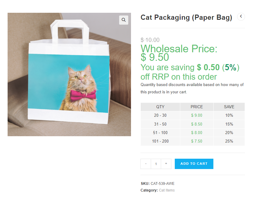 Mock cat packaging product with a WooCommerce tiered price table. 