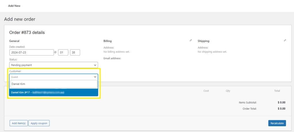 Screenshot of the WooCommerce backend order settings