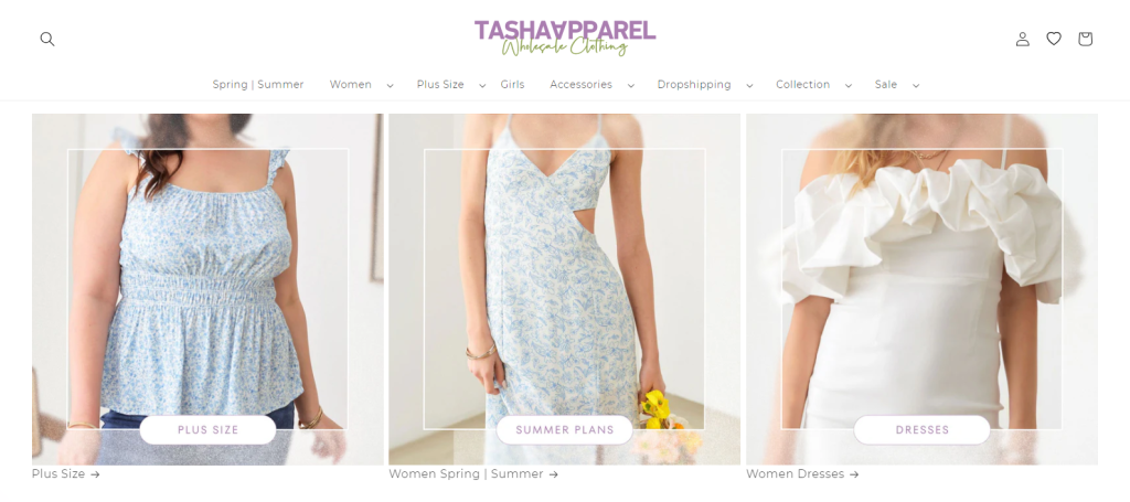 Screenshot of the Tasha Apparel website, featuring women's clothing. 