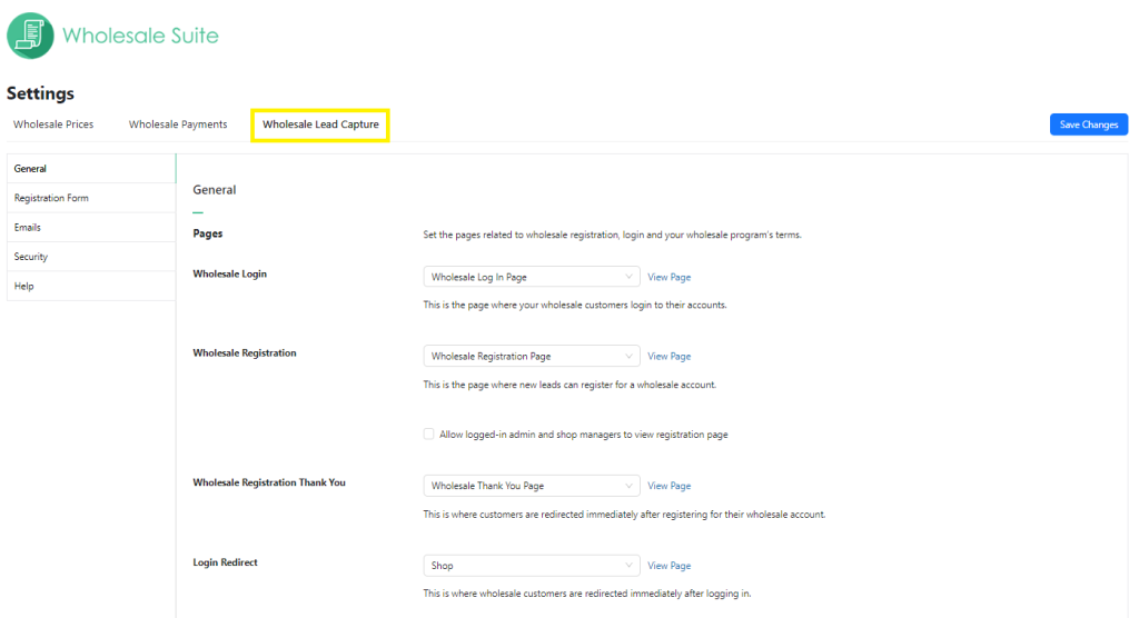 Screenshot of Wholesale Lead Capture's settings tab
