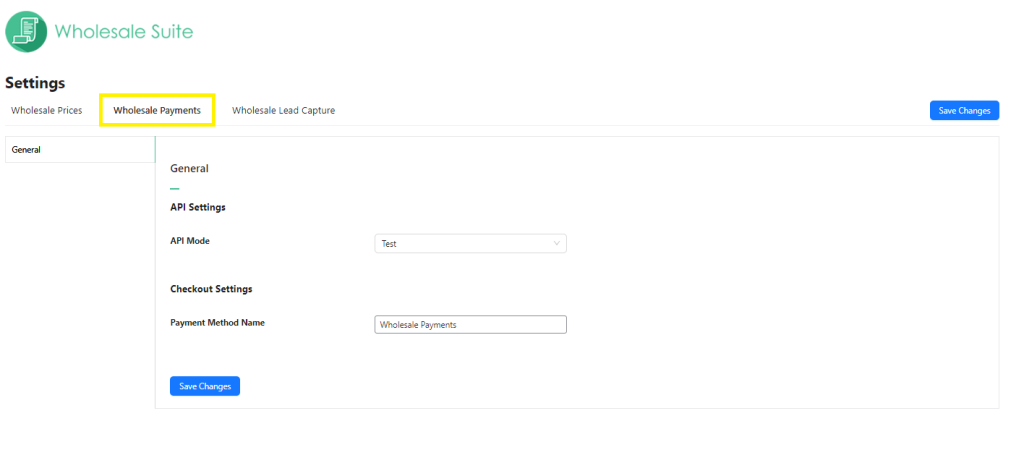 Screenshot of Wholesale Payments general settings