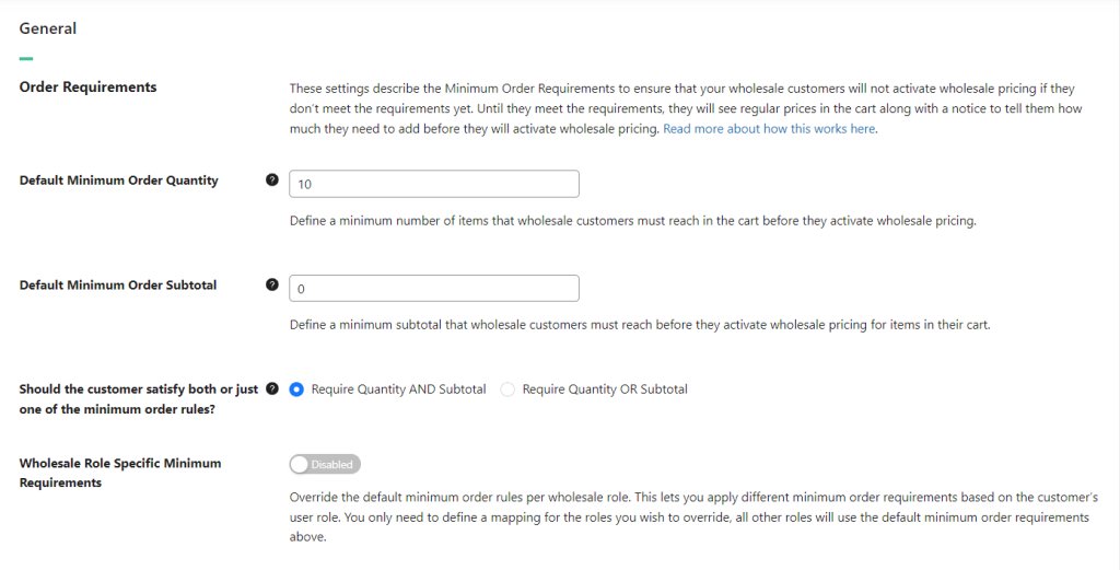 Screenshot of the Wholesale Prices Premium settings page, where you can set minimum order requirements for wholesale orders. 